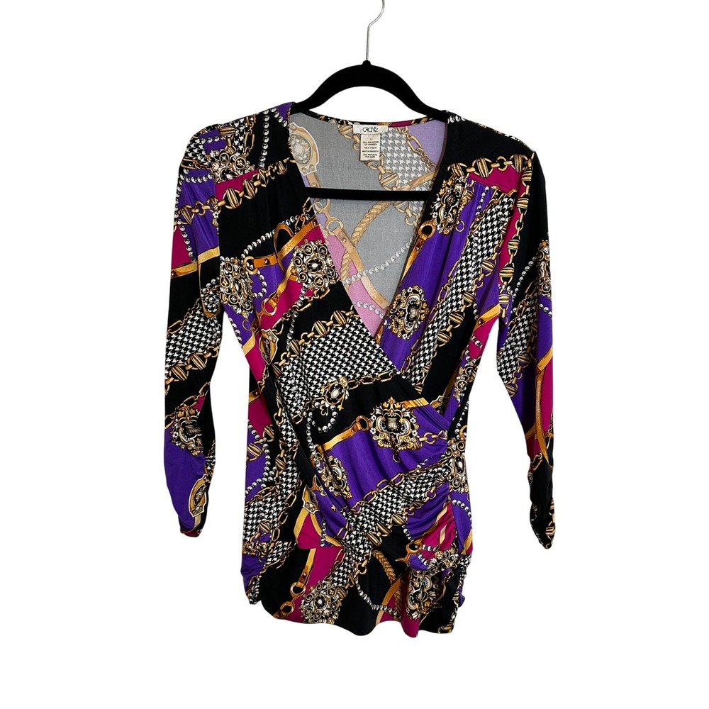 Cache Baroque Chain Print Faux Wrap Top Size S Purple Black Ruched 3/4 Sleeve